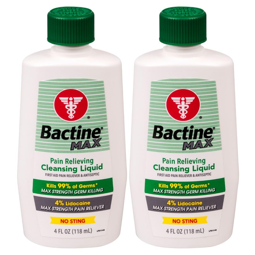 Bactine Max empaque y botella de 4 onzas, listo para primeros auxilios.