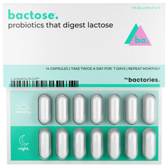 BACTOSE bottle with dairy digestive focus showing support for lactose digestion during meals