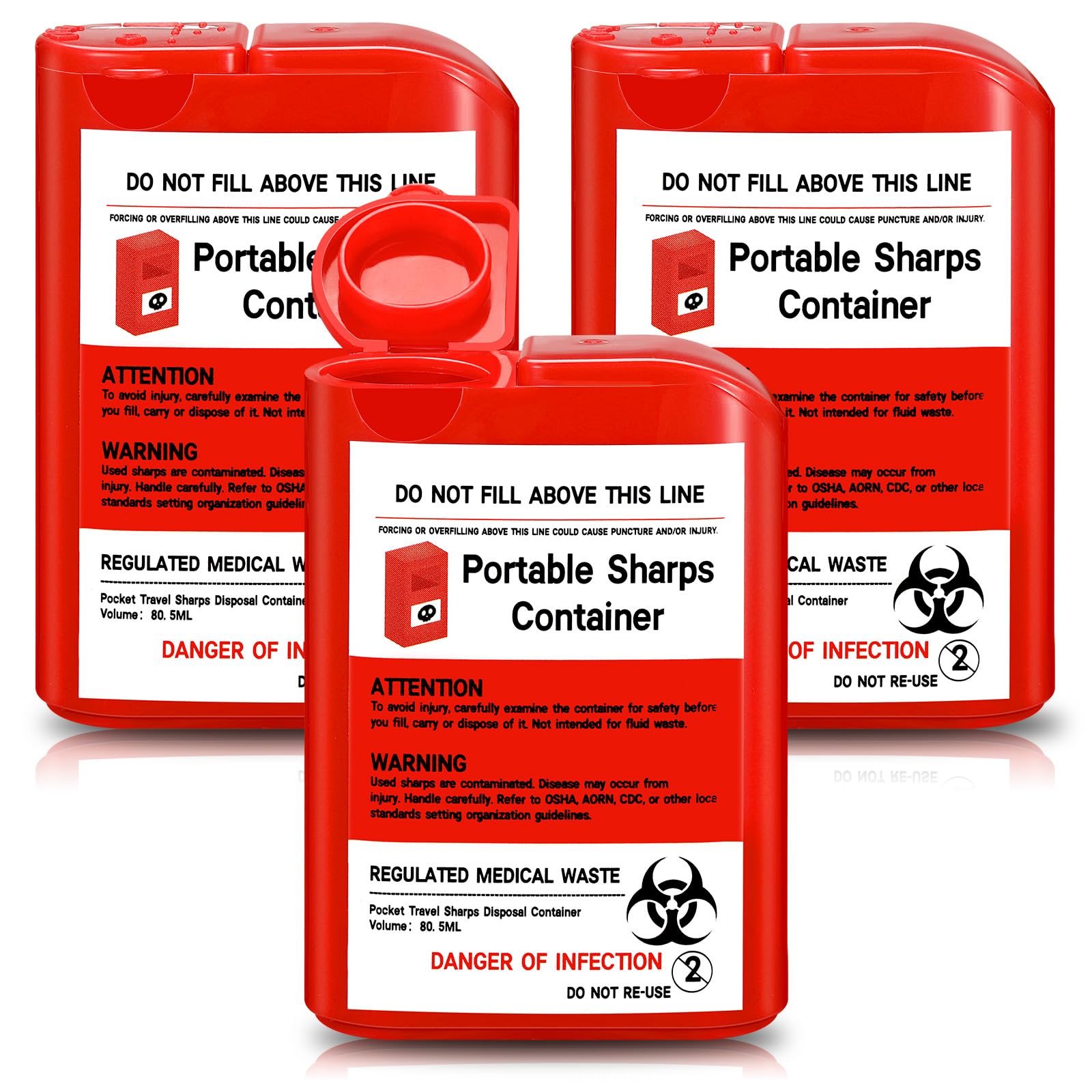Baderke 3 Pcs Pocket Travel Sharps Disposal Container, red, compact for safe disposal.