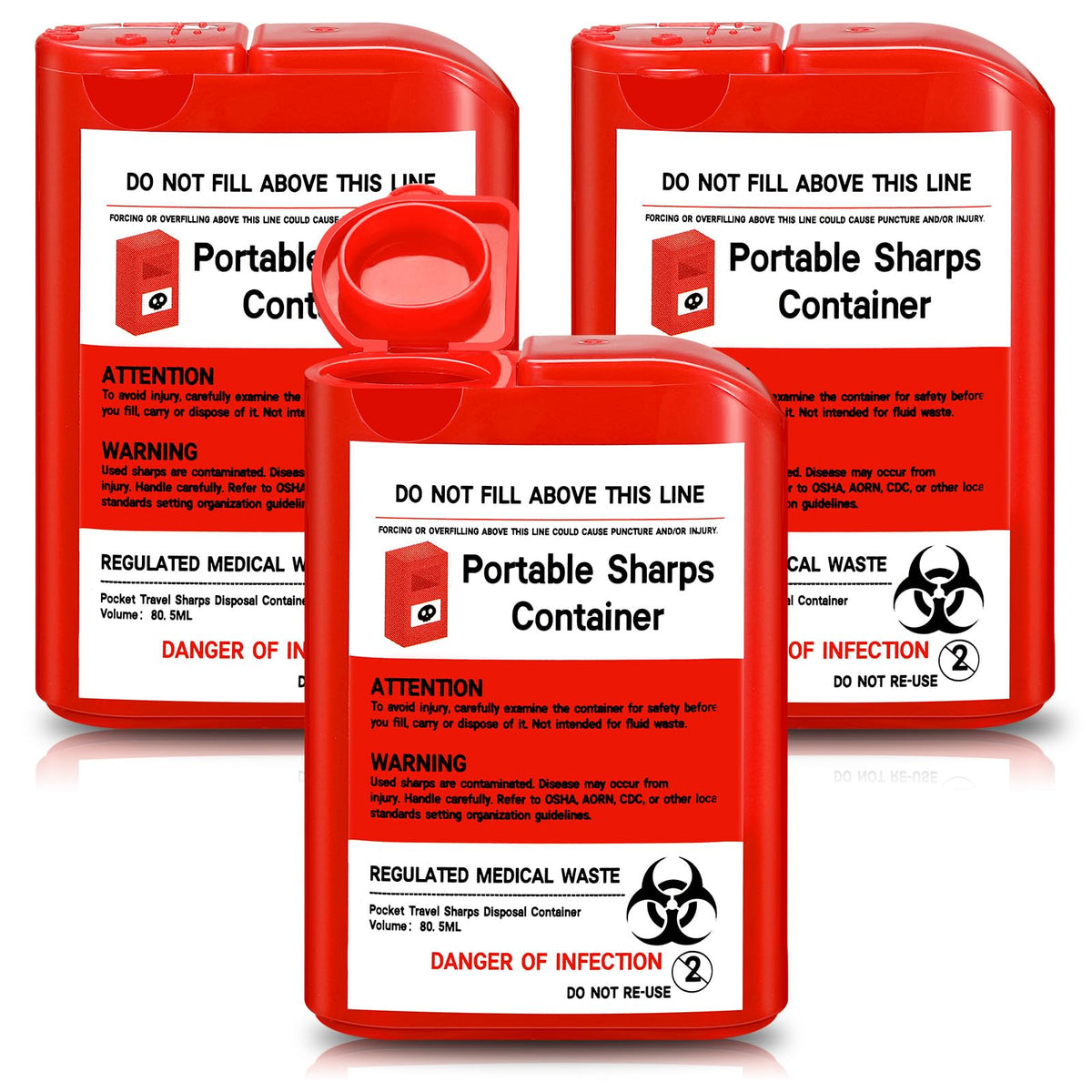 Baderke 3 Pcs Pocket Travel Sharps Disposal Container, red, compact for safe disposal.