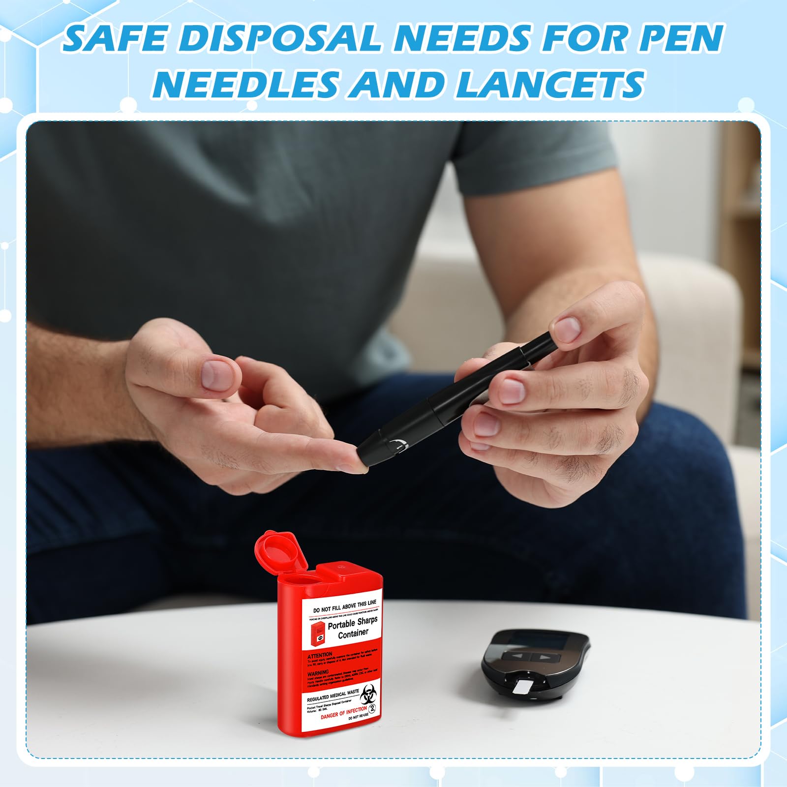 Baderke portable red sharps container, 80 ml, on-site disposal.