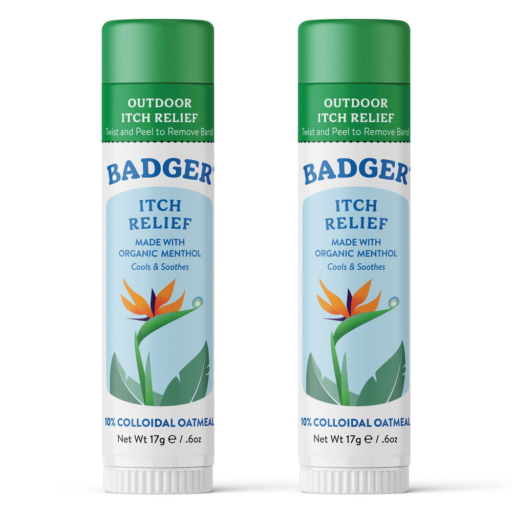 Badger Bug Bite Itch Relief Stick applied on skin for quick cooling relief.