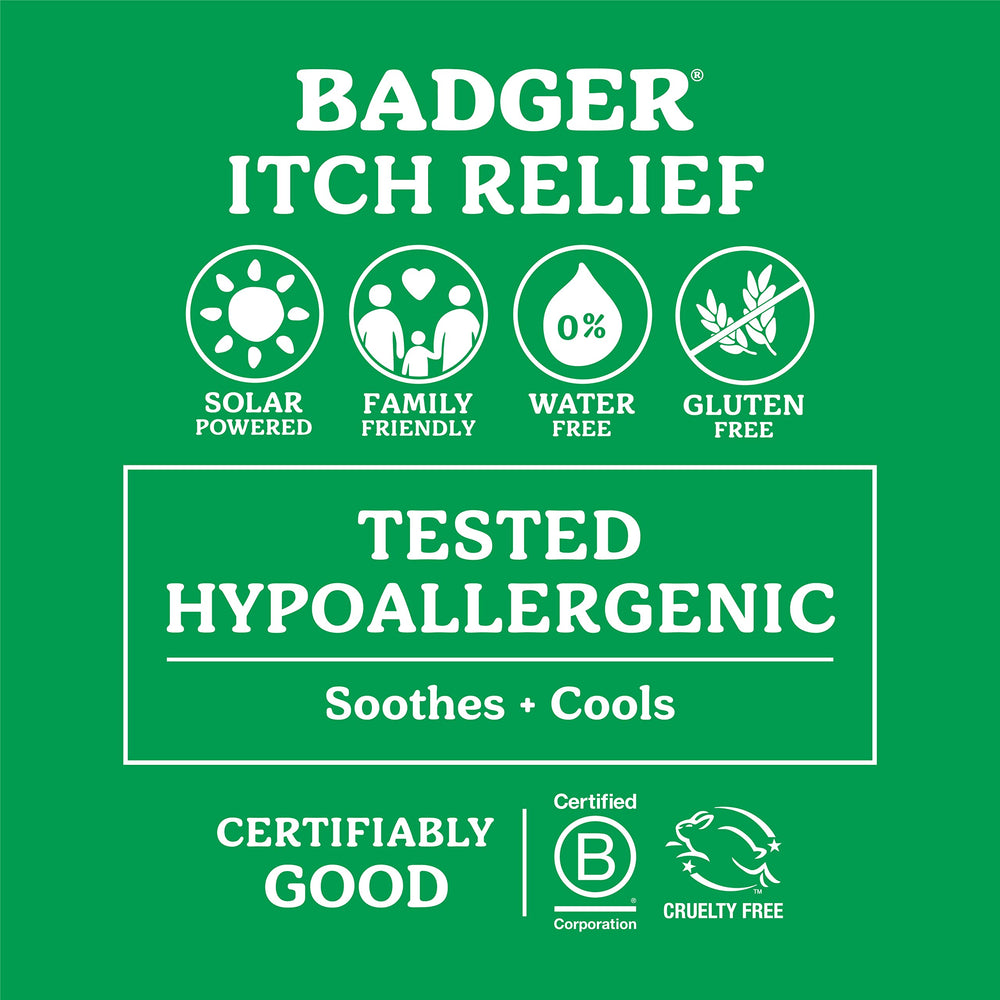 Badger Bug Bite Itch Relief Stick packaging shows compact, mess-free design for travel.