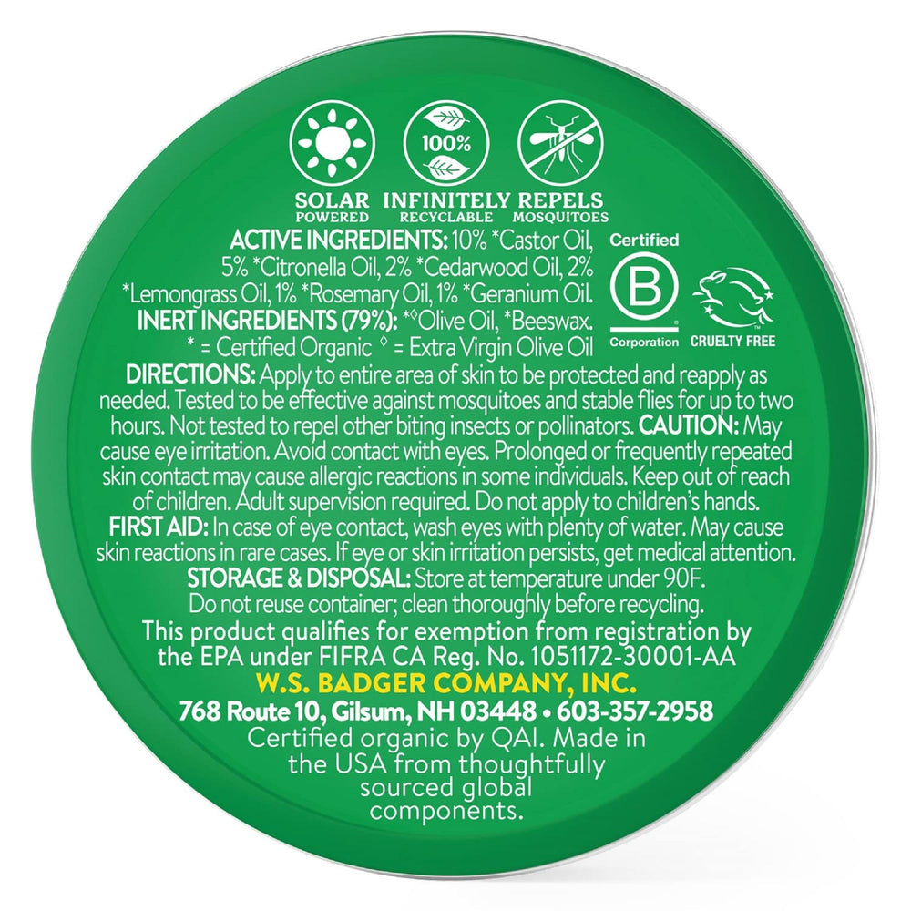 Badger Bug Repellent Tin opened to reveal citronella-lemongrass scent for protection outdoors.