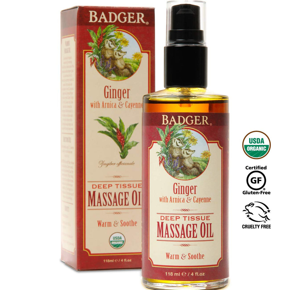 Badger Ginger Massage Oil promotes relaxing full-body massage sessions.
