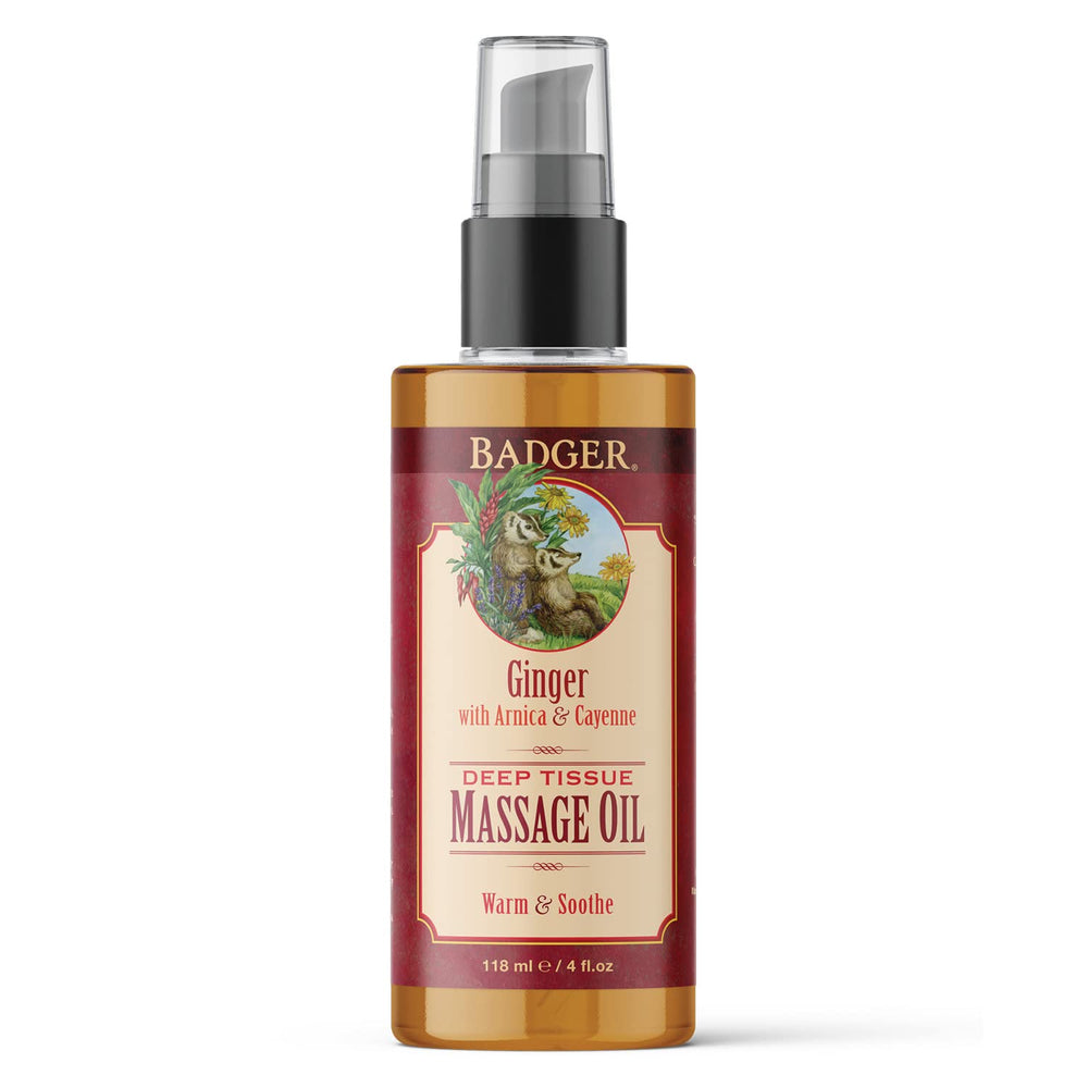 Badger Ginger Massage Oil in a glass bottle with pump for easy full-body massage.