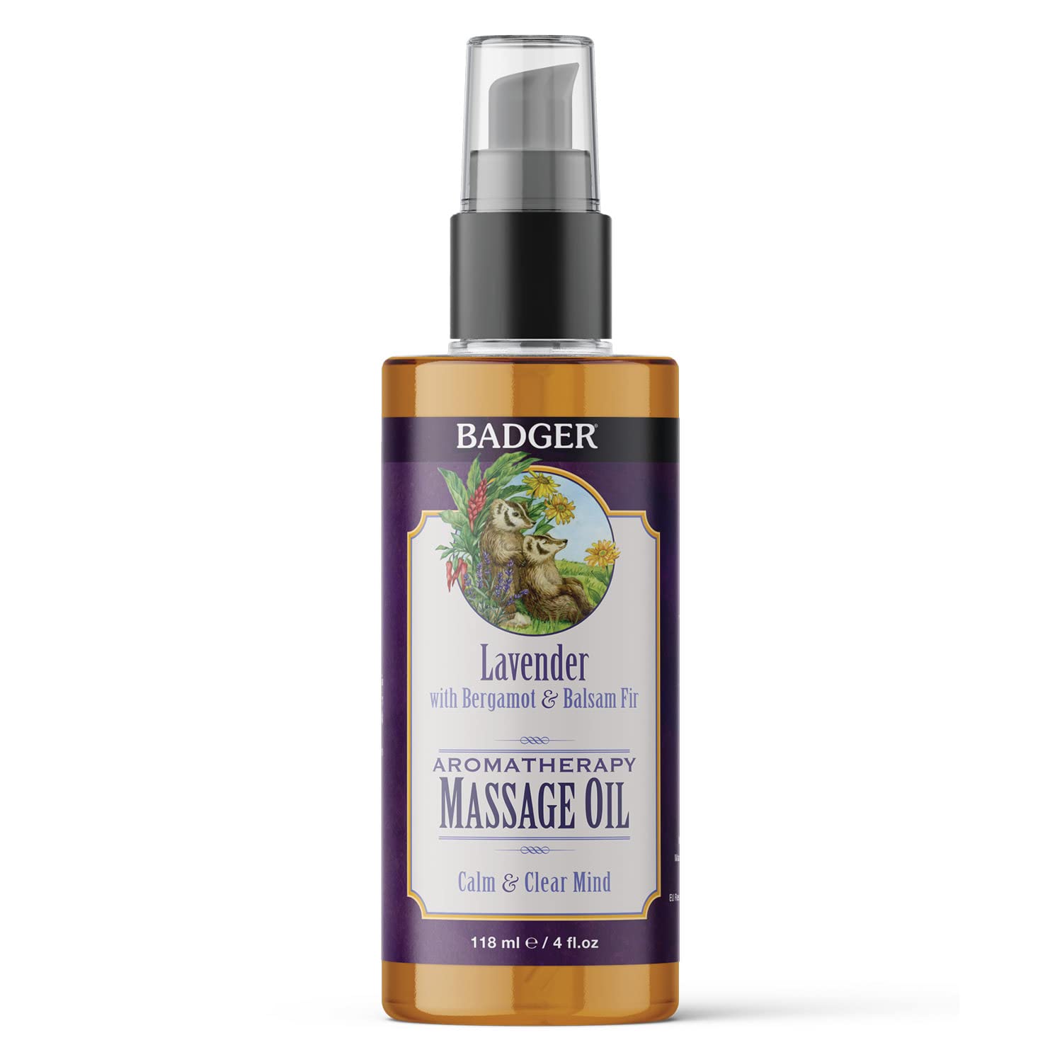 Badger Lavender Massage Oil bottle ready for calming aromatherapy and massage.