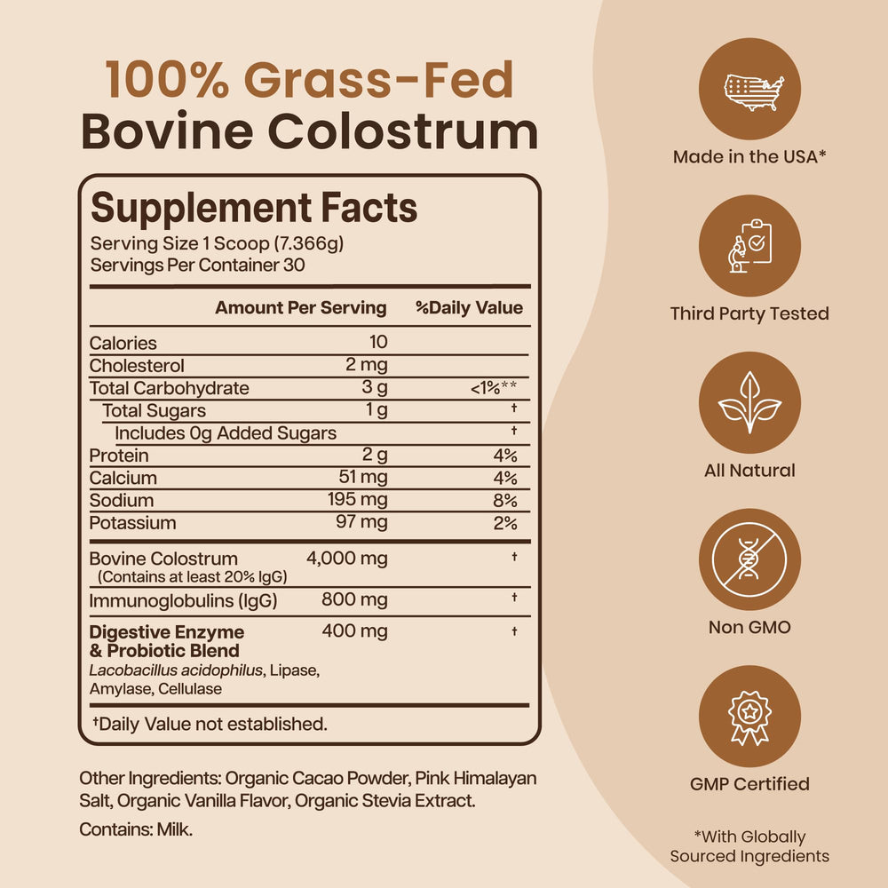 Baese Nutrition chocolate colostrum powder featured in a morning smoothie.