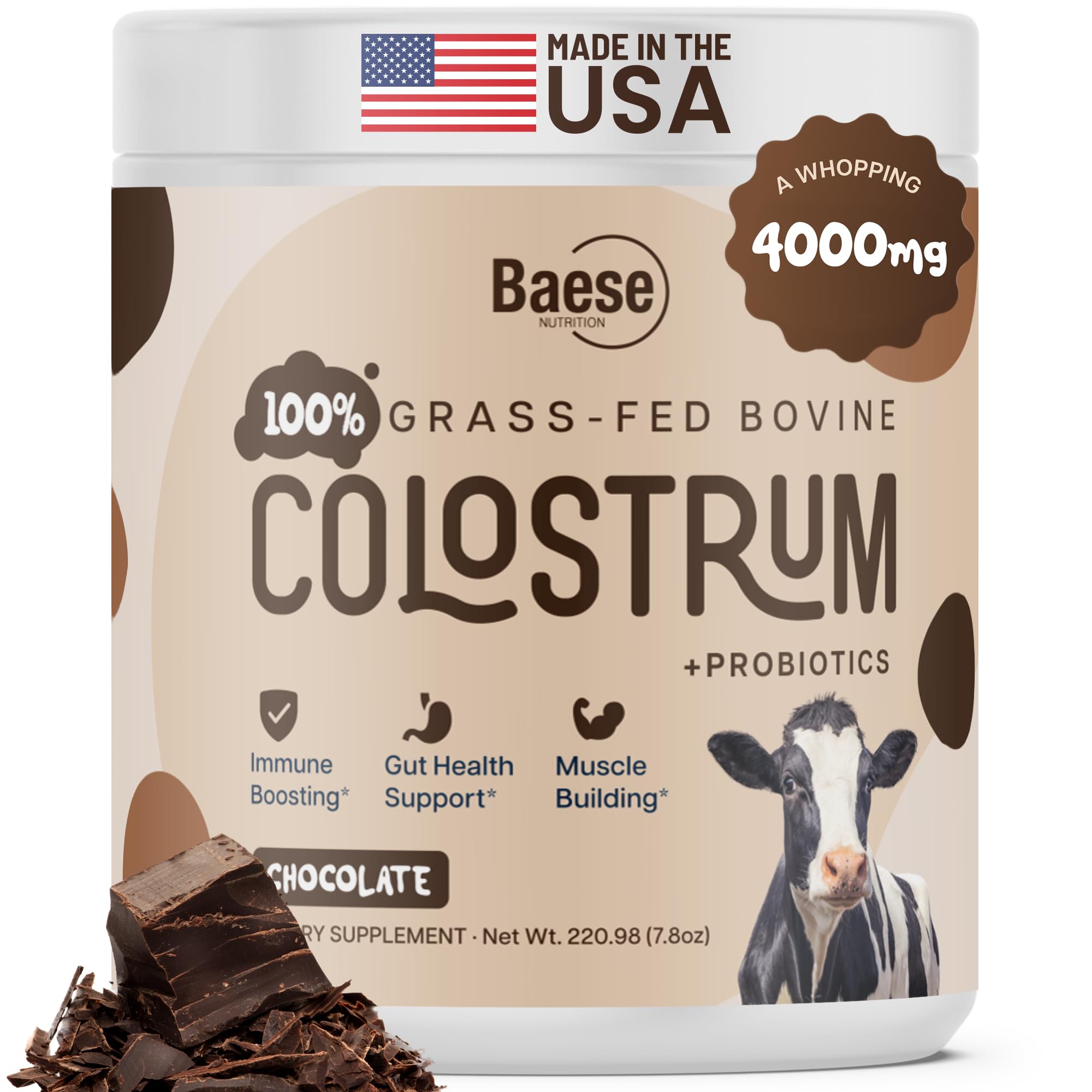 Baese Nutrition organic chocolate colostrum powder bottle close-up for convenient daily use.