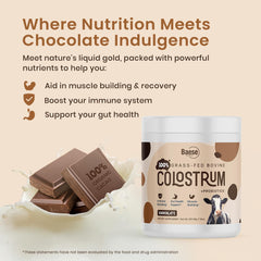 Baese Nutrition chocolate colostrum powder label close-up showing 4000mg and probiotics.