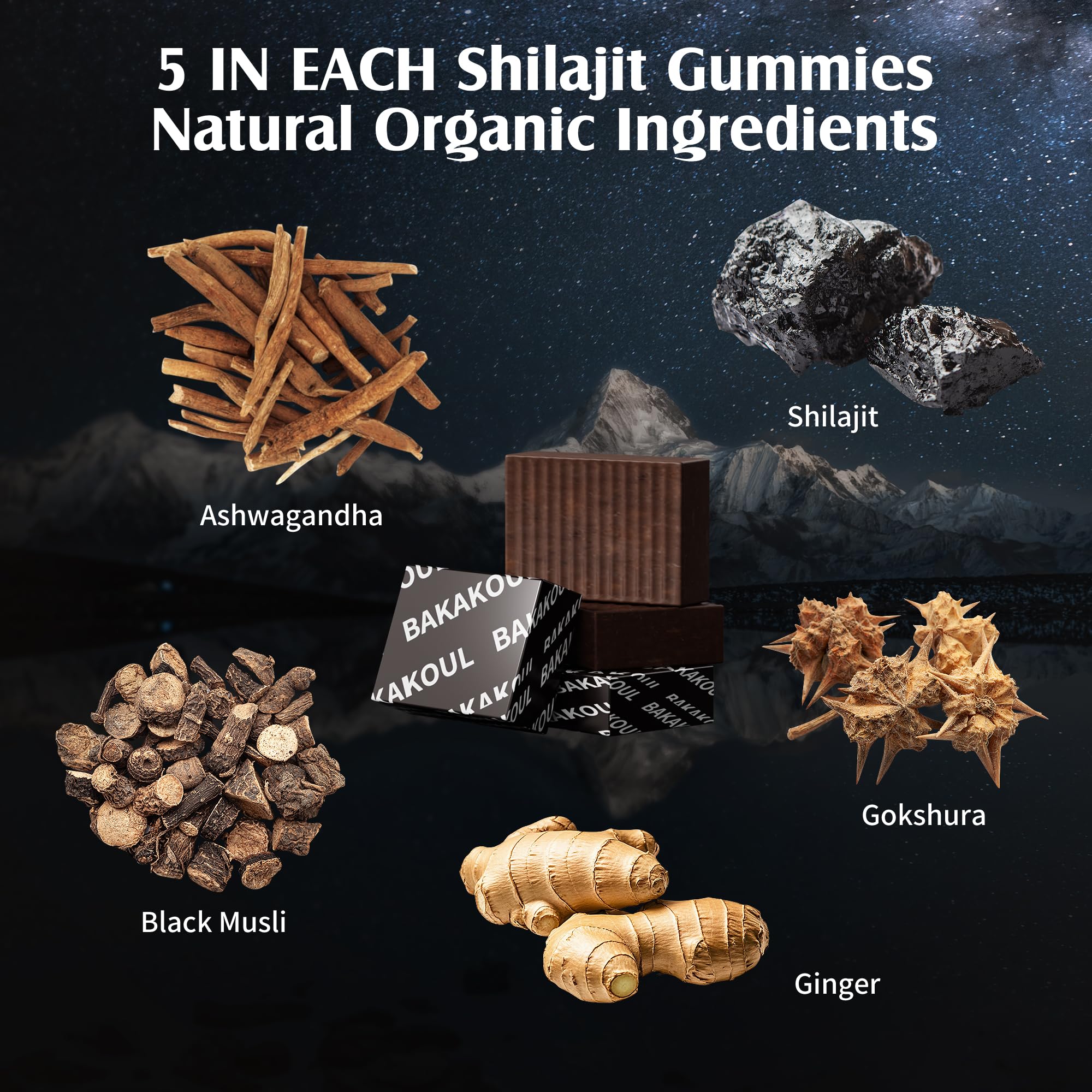 BAKAKOUL Shilajit Gummies envase práctico de 60 gomitas