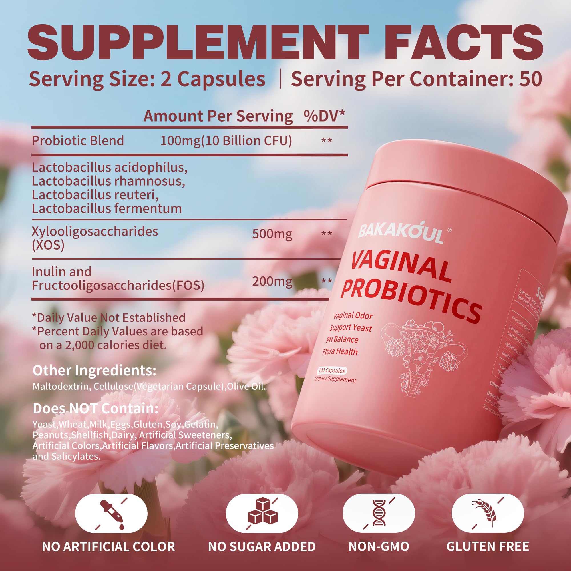 BAKAKOUL vaginal probiotic capsules close-up, easy daily intake