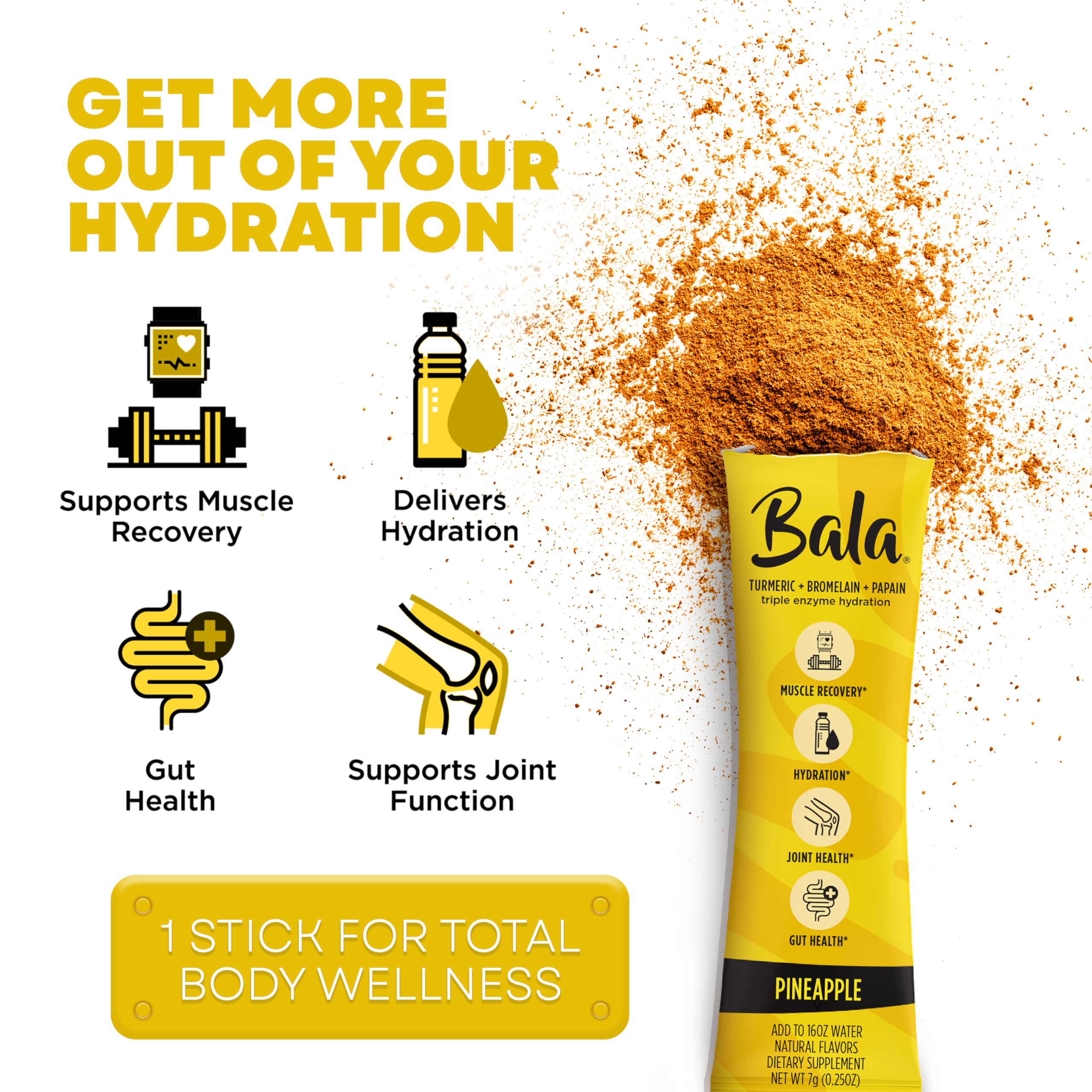 Bala Enzyme Hydration pineapple packet shows sugar-free refreshment with immune-supporting ingredients.