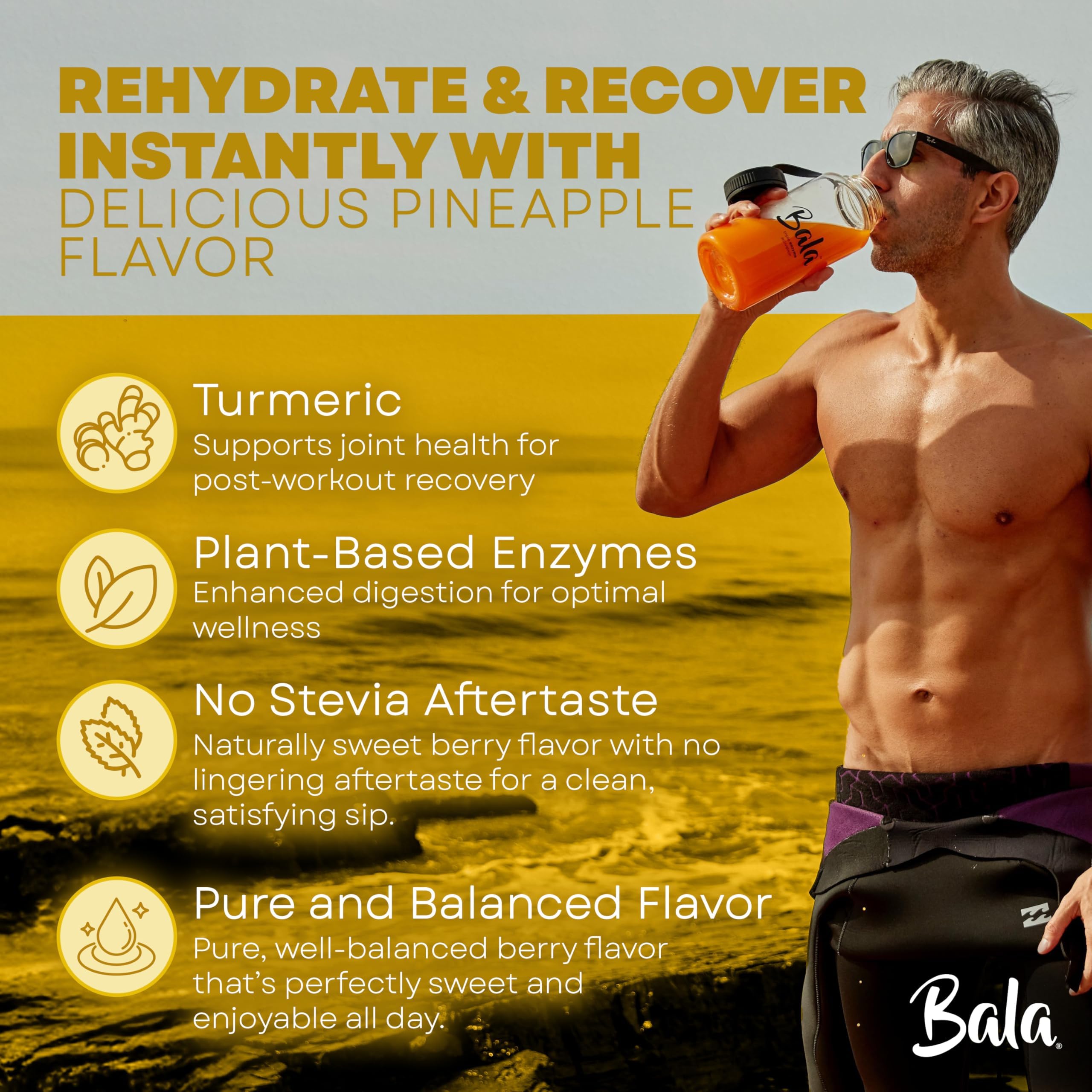 Bala Hydration pineapple packet emphasizes convenient travel hydration boost.