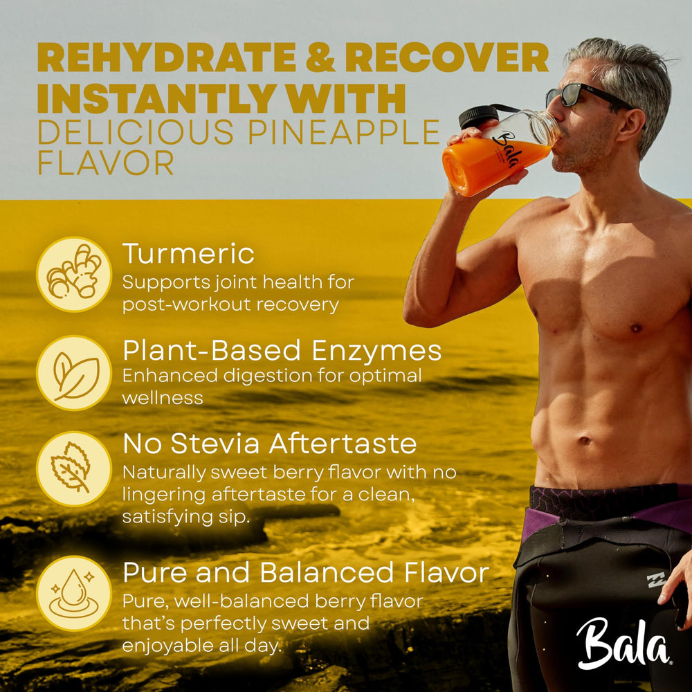 Bala Hydration pineapple packet emphasizes convenient travel hydration boost.