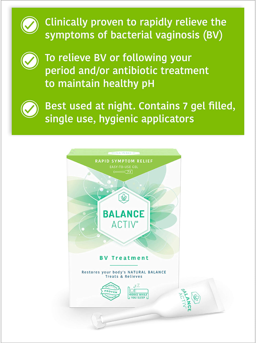 Close-up of Balance Activ BV Balance Gel tubes highlighting antibiotic-free formula
