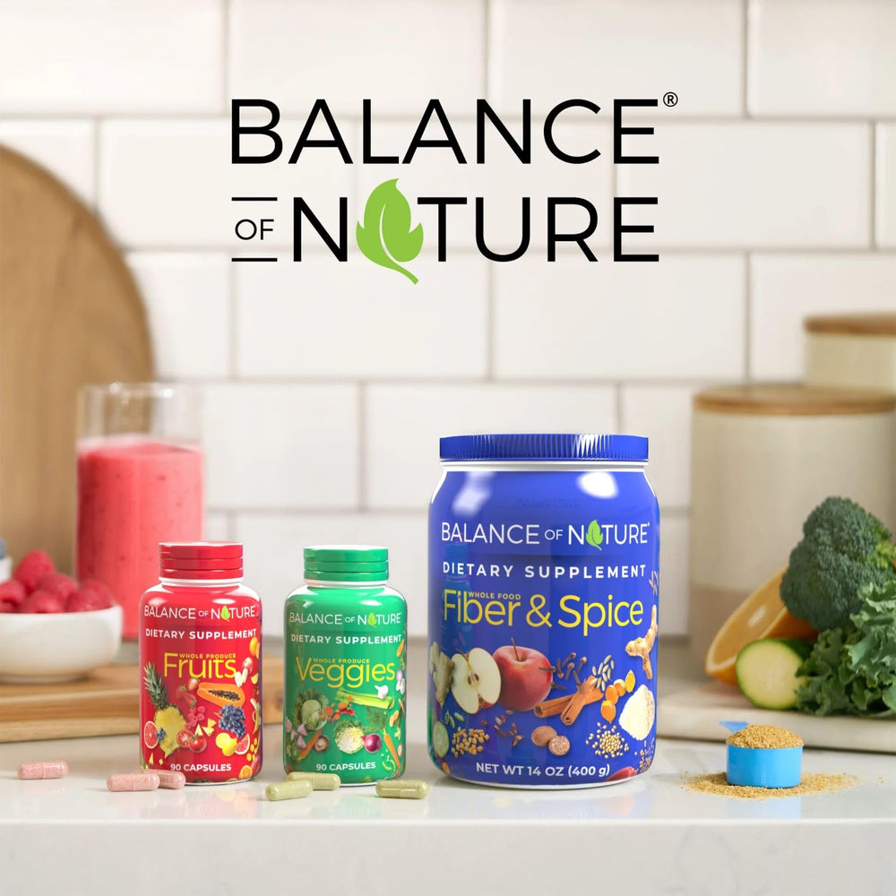 Balance of Nature bundle display with fruits & veggies and Fiber & Spice shows savings.