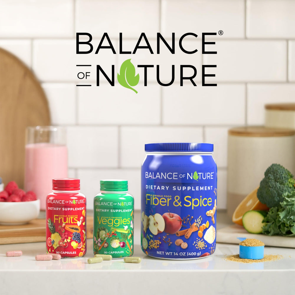 Balance of Nature family-friendly display featuring fruits and veggies options for adults and kids