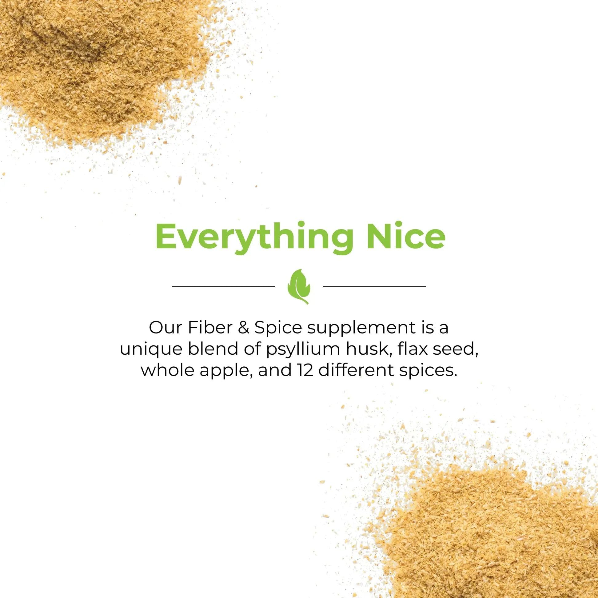 Balance of Nature Fiber & Spice bottle label highlights gluten-free, vegan, and kosher features.