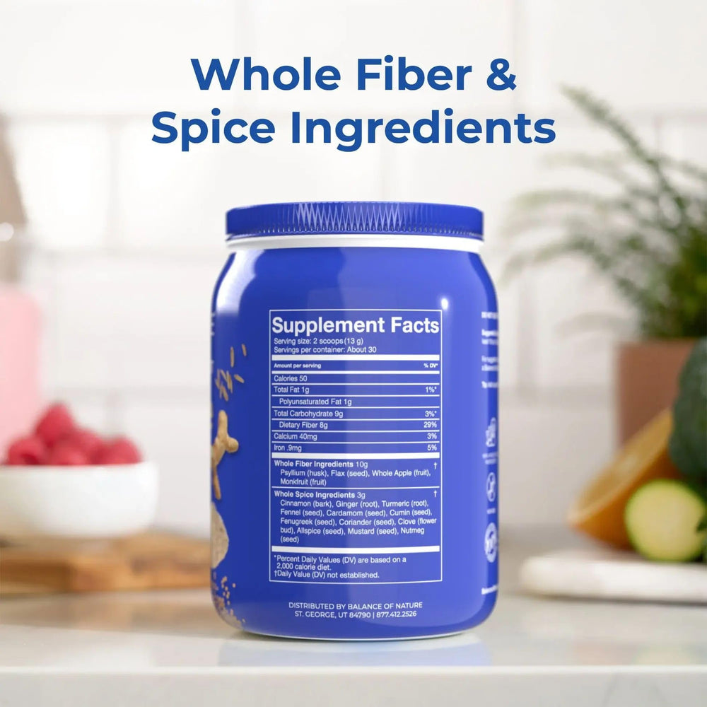 Balance of Nature Fiber & Spice mixing in water demonstrates convenient inclusion in your routine.