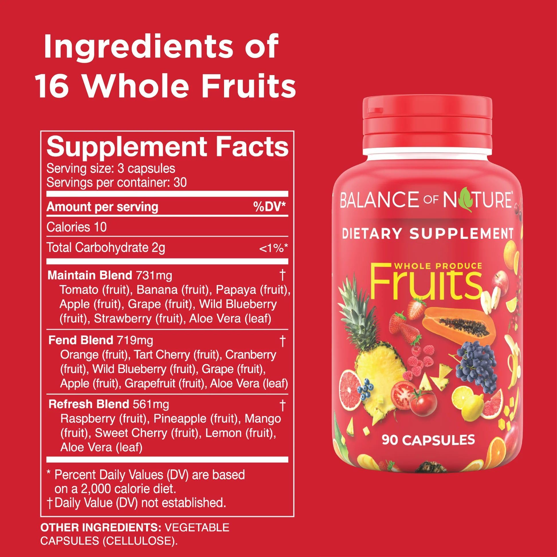 Balance of Nature fruits powder closeup highlights vibrant ingredients for natural nutrition.