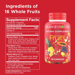 Balance of Nature fruits powder closeup highlights vibrant ingredients for natural nutrition.