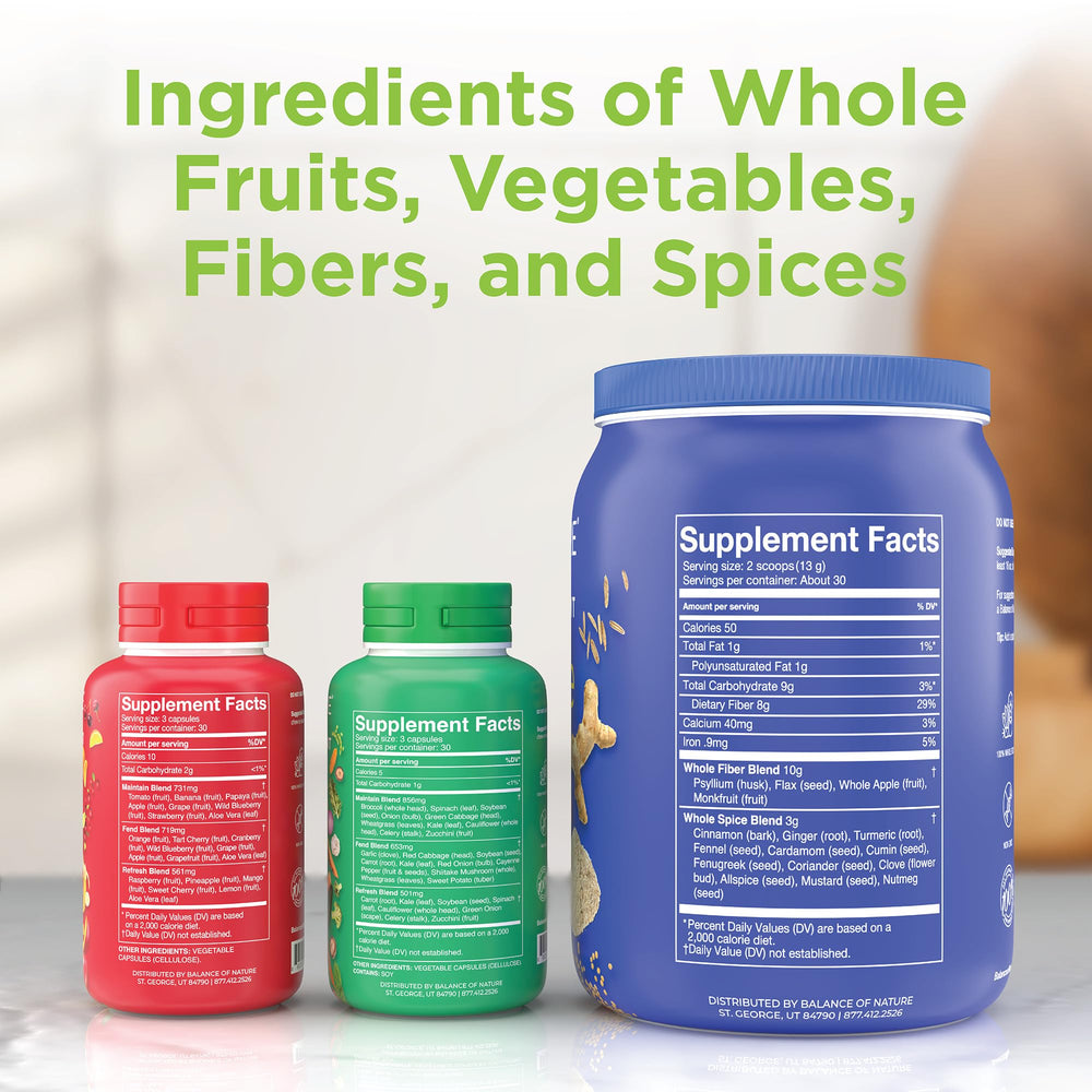 Balance of Nature Fruits blend ingredients close-up on label for convenient daily nourishment