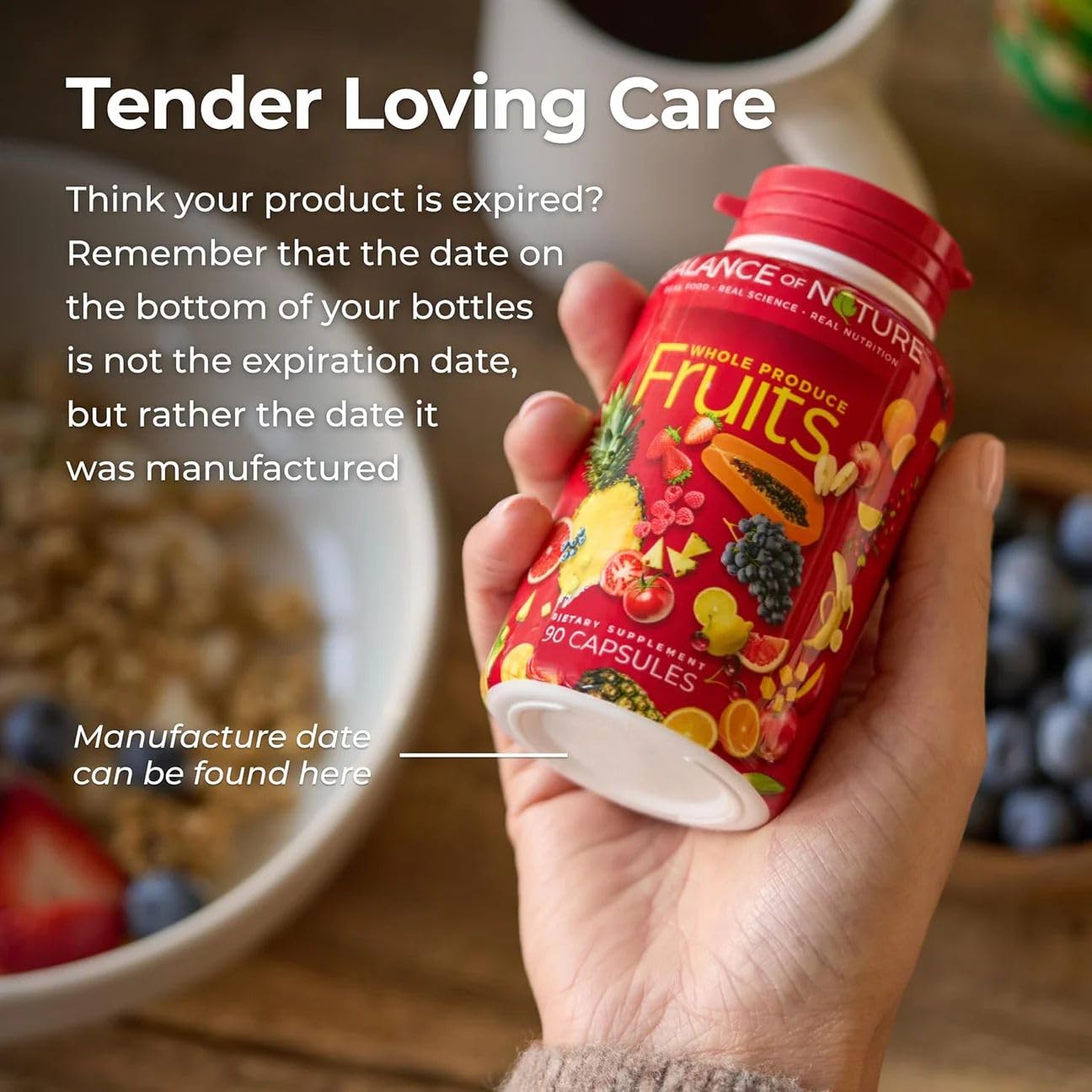 Balance of Nature ingredients mix showcases diverse superfoods for daily fruit intake.