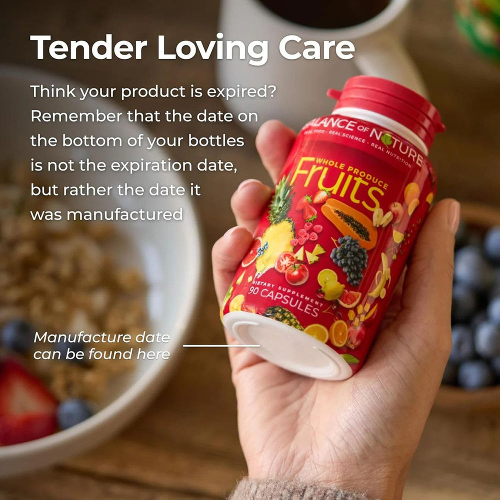 Balance of Nature ingredients mix showcases diverse superfoods for daily fruit intake.