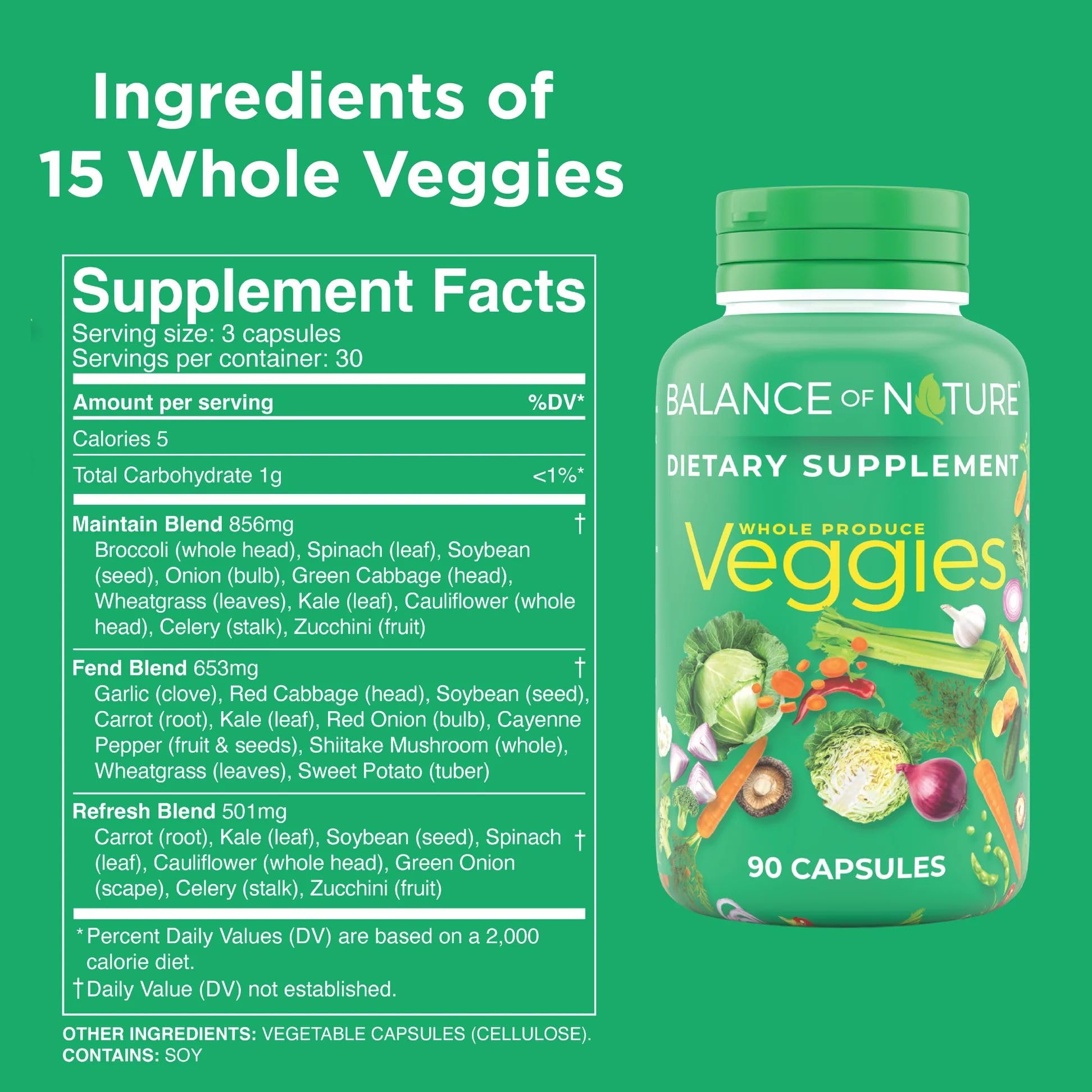 Balance of Nature Veggies bottle closeup highlights vegan, gluten-free capsules