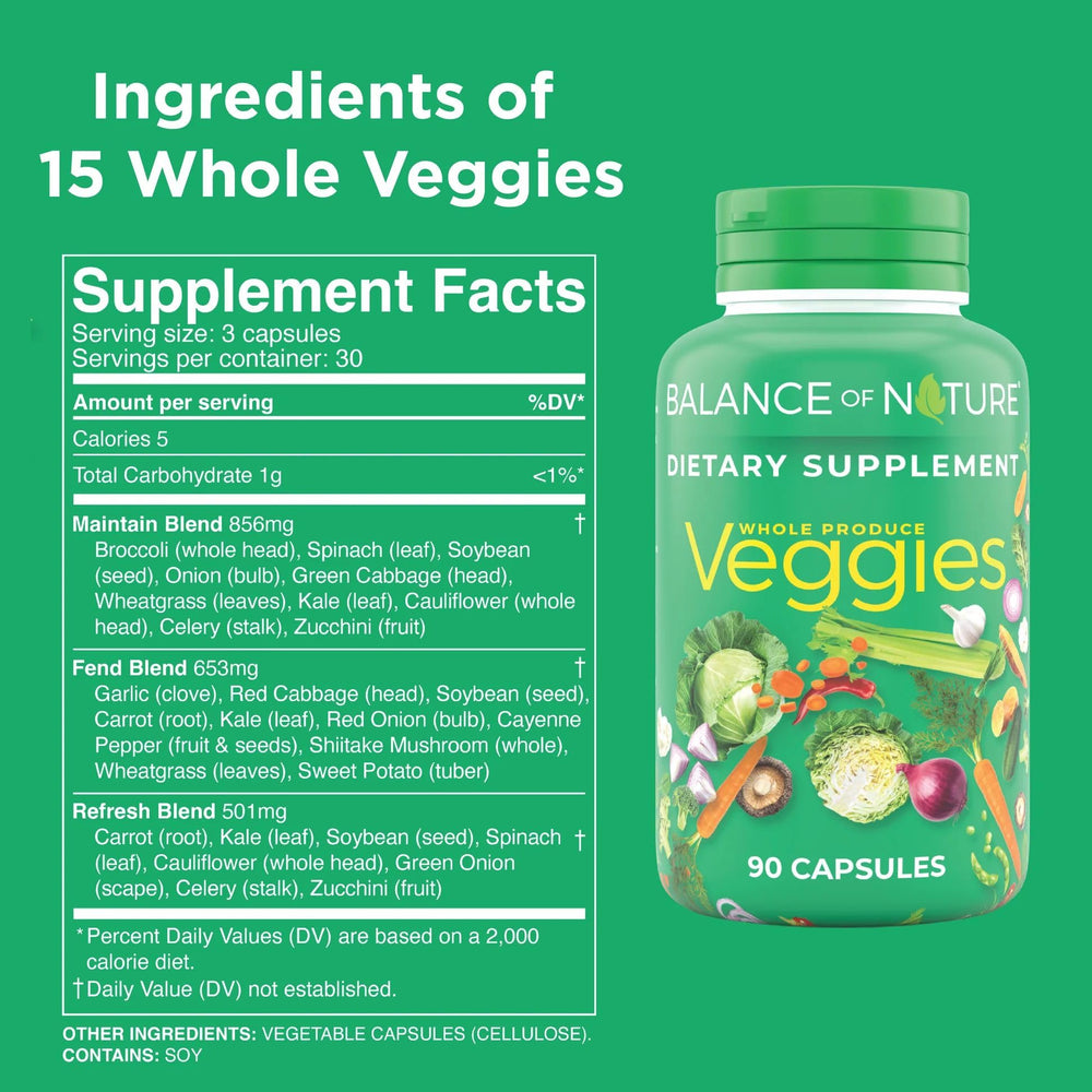 Balance of Nature Veggies bottle closeup highlights vegan, gluten-free capsules