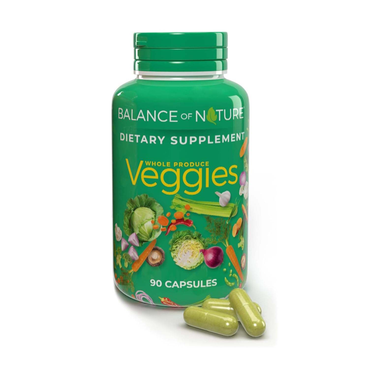 Balance of Nature Veggies bottle front showing the plant-based daily supplement