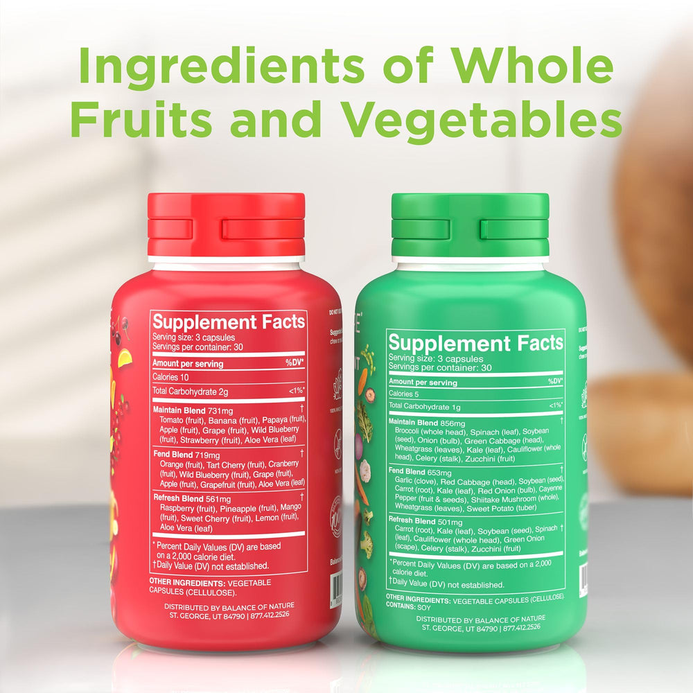 Balance of Nature Veggies bottle with caps close-up highlights vegan, gluten-free option