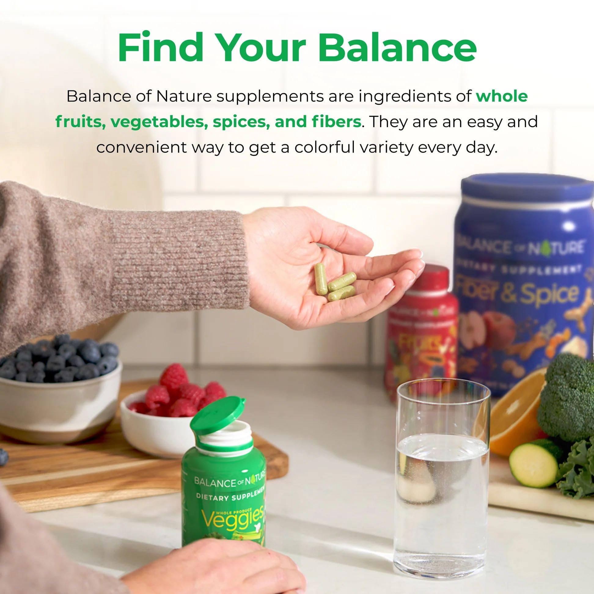 Balance of Nature Veggies packaging label shows gluten-free and vegan attributes