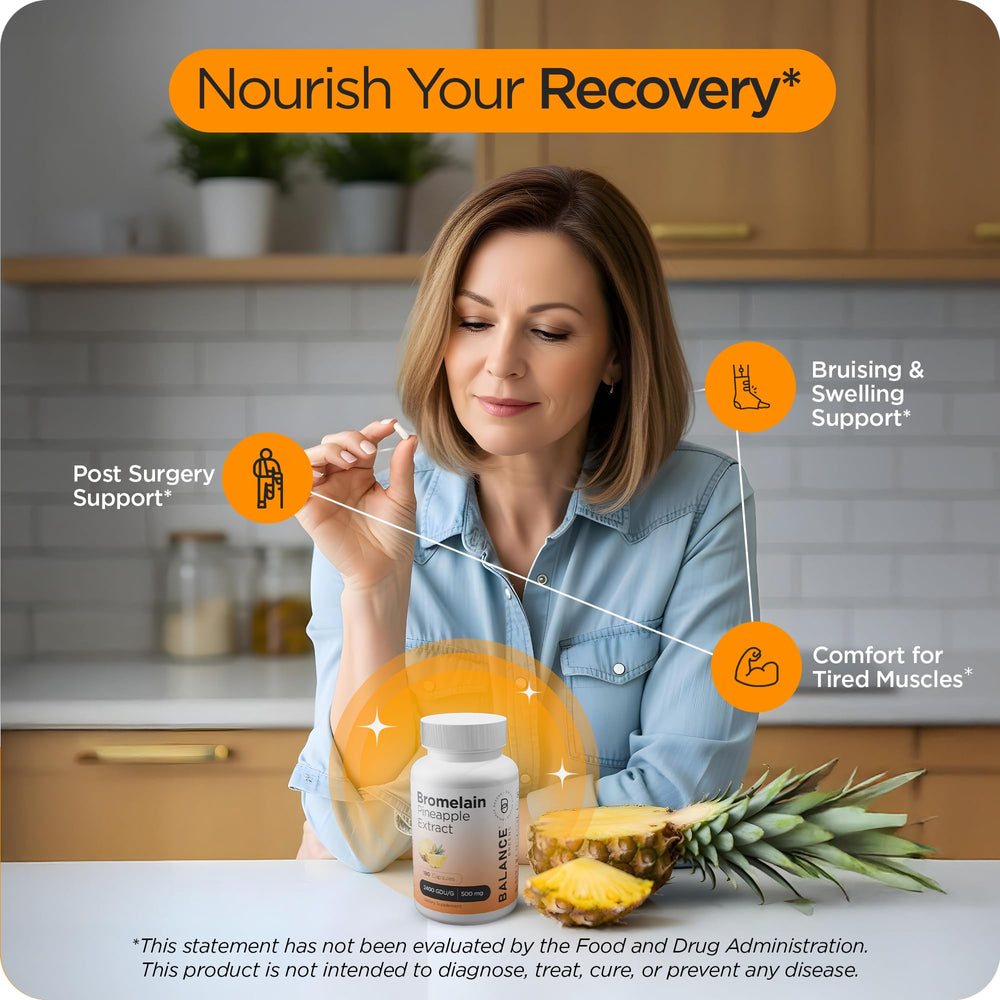 Balancebreens Bromelain label detail highlighting 180 capsules and USA-made production.