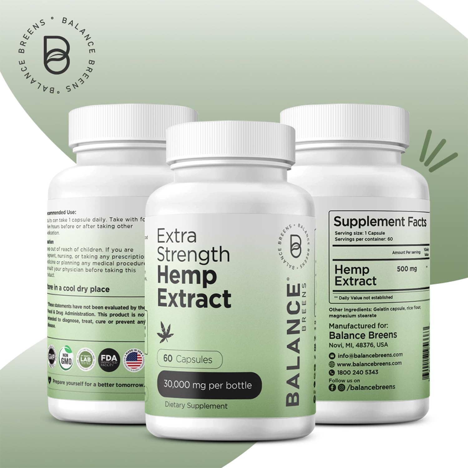 Balancebreens hemp extract capsules label with ingredients and omega fatty acids.