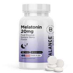 Balancebreens Melatonin 20mg fast-dissolve tablets bottle promotes easier sleep onset.