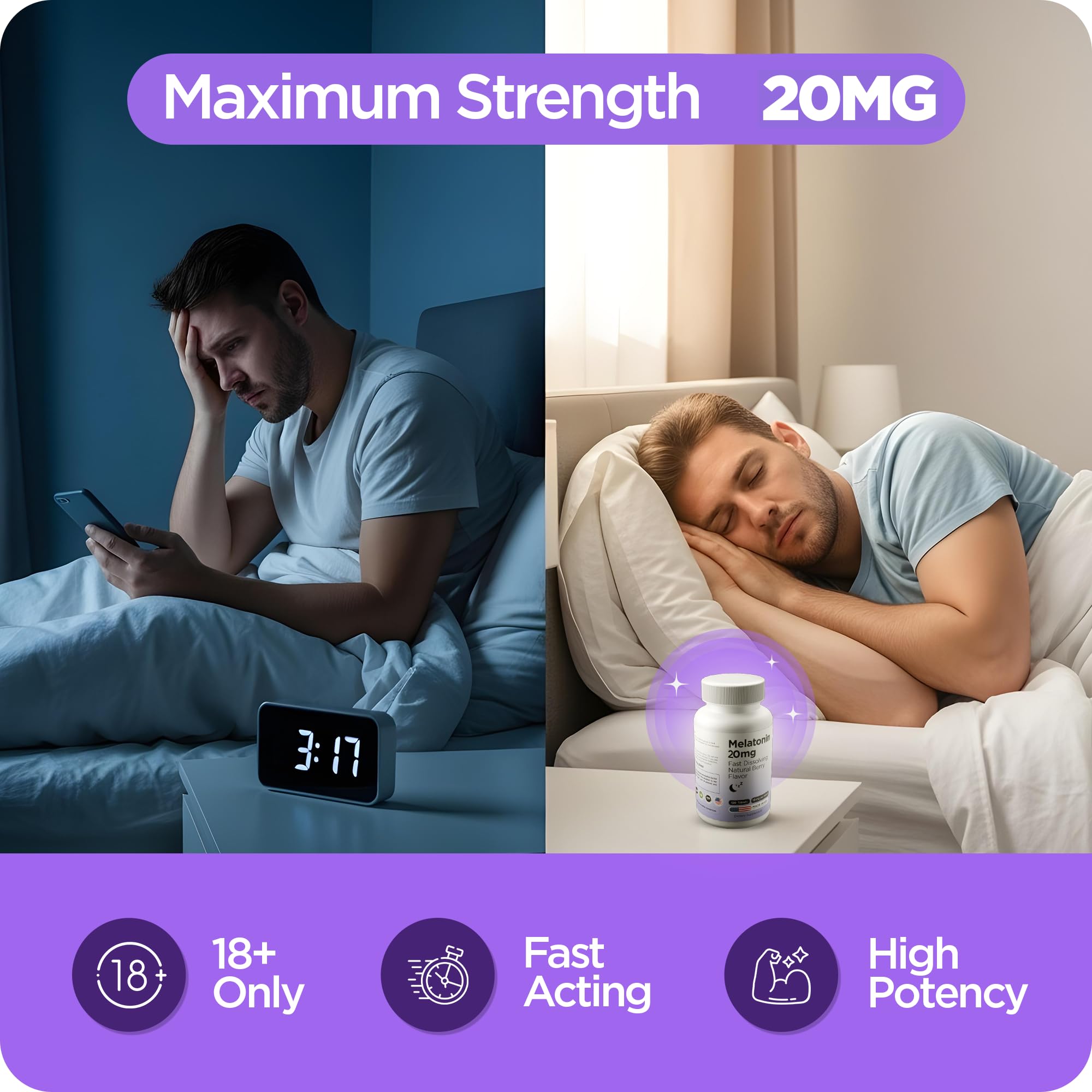 Close-up of Balancebreens melatonin 20mg tablets for quick sleep support.