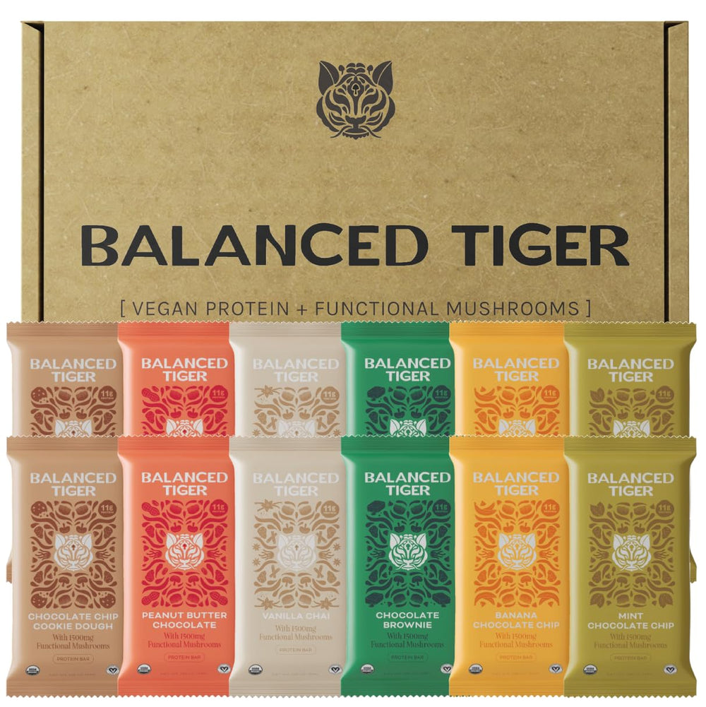 Balanced Tiger functional mushroom bars packaging highlighting portability for on-the-go snacking.