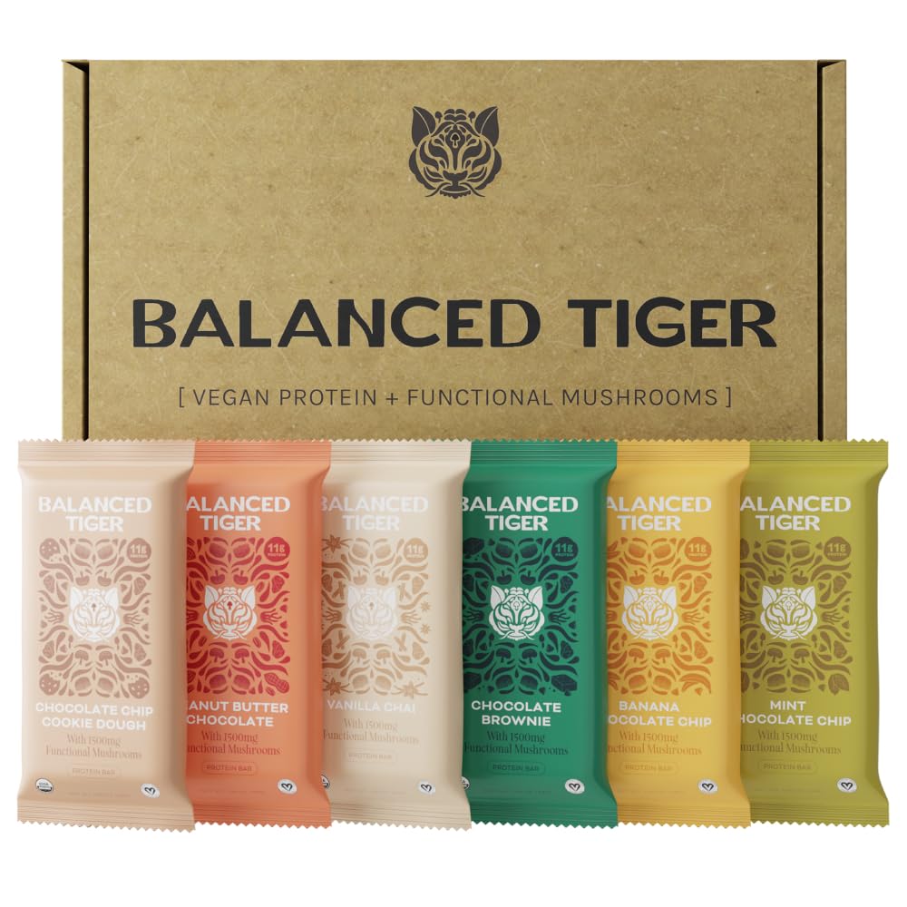 Balanced Tiger functional mushroom bars sampler pack front view for on the go snacking