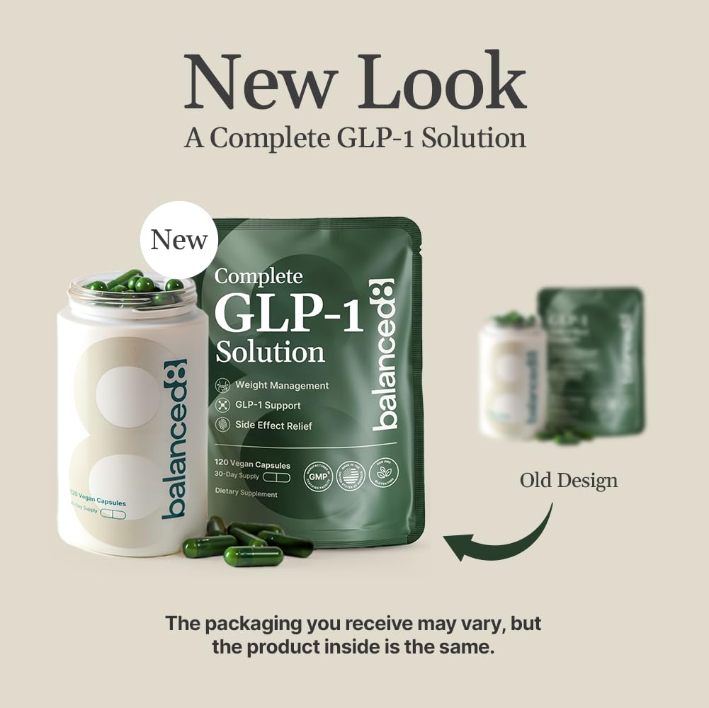 Balanced8 GLP-1 capsules closeup highlighting convenient daily capsules for hunger management
