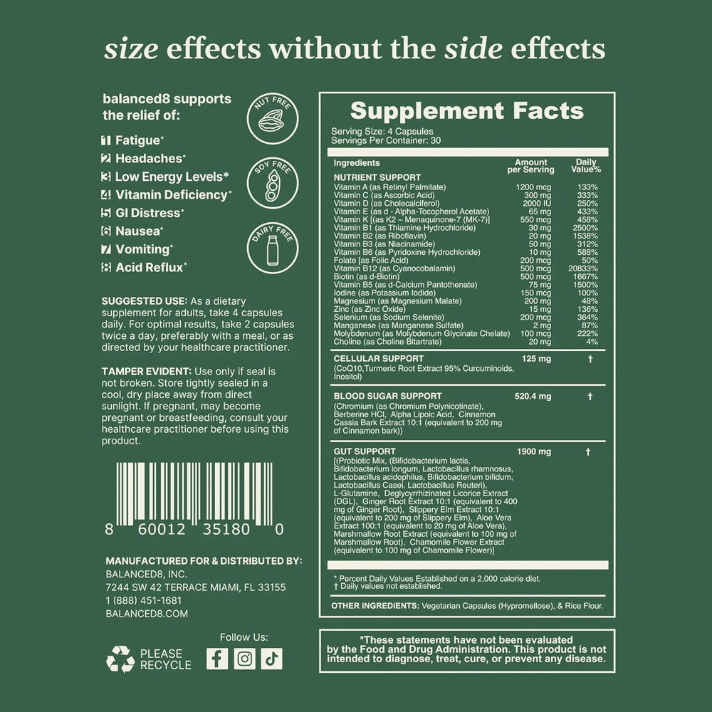 Balanced8 GLP-1 digestive health graphic highlights nutrient absorption and balance