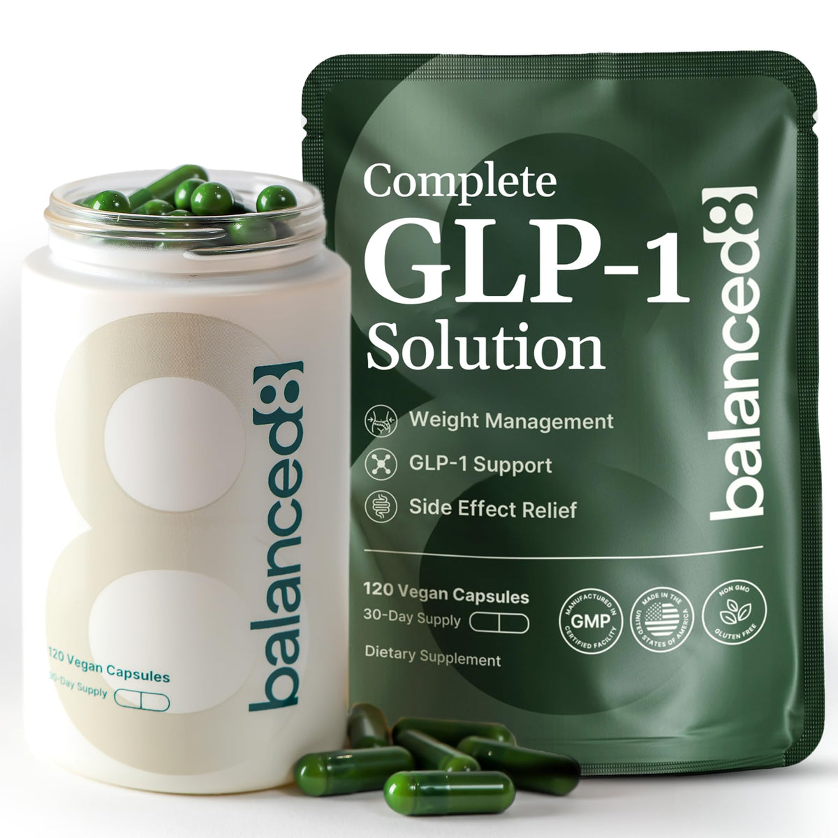 Balanced8 GLP-1 supplement bottle front showing vegan formula for daily wellness