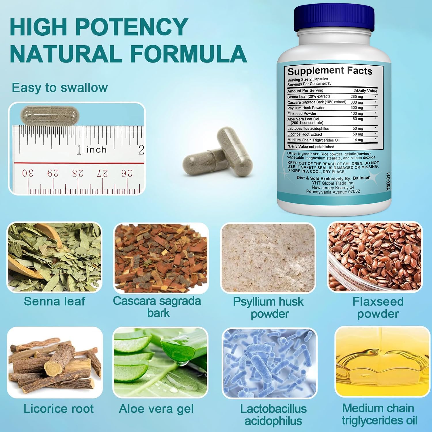 Balincer bottle and label detail emphasizing premium ingredients like senna and psyllium