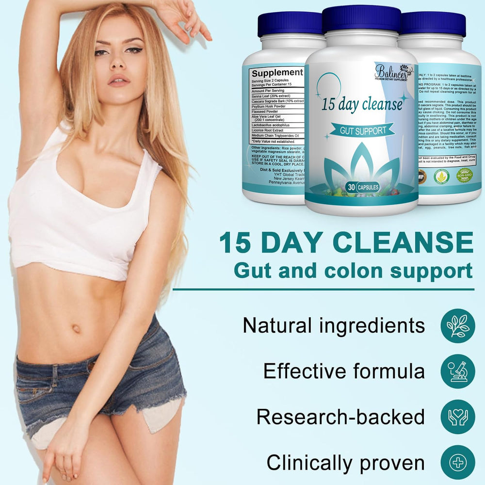 Balincer ingredients list on packaging – senna, psyllium, cascara for gentle cleansing.