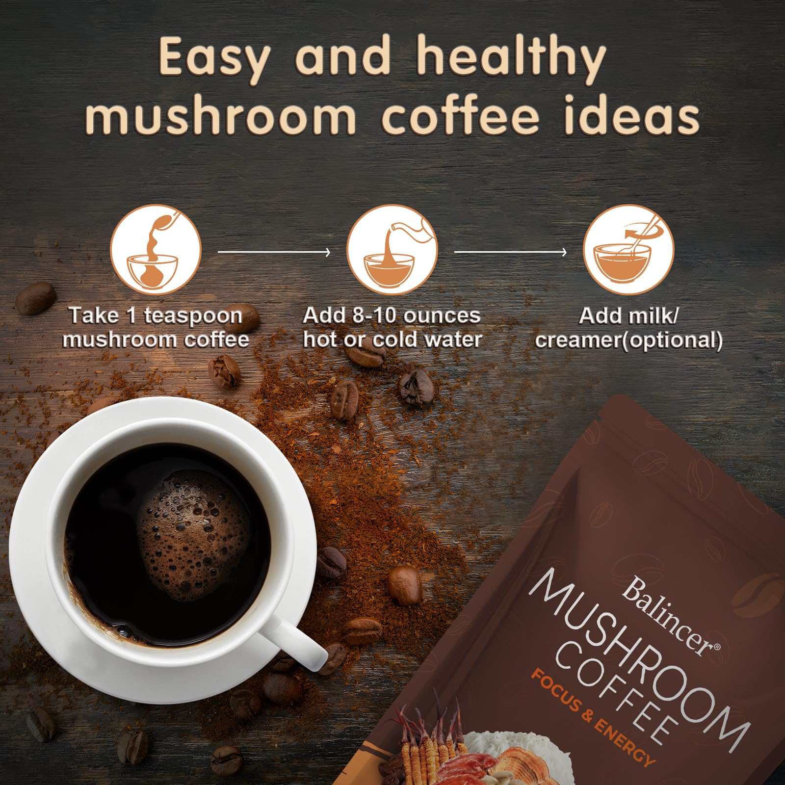 Balincer Mushroom Coffee ingredients include Lion’s Mane, Cordyceps, Turkey Tail, and more.