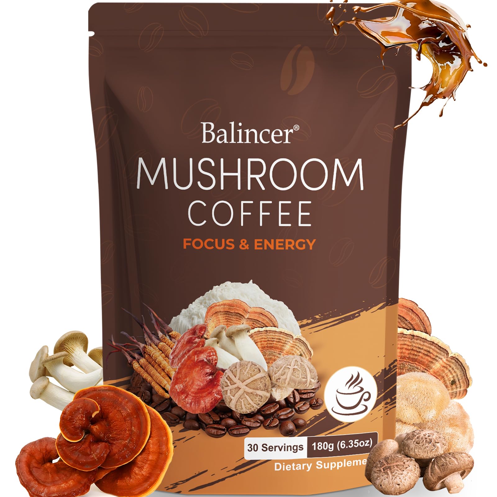 Balincer Mushroom Coffee packaging showcases premium blend for focused mornings.