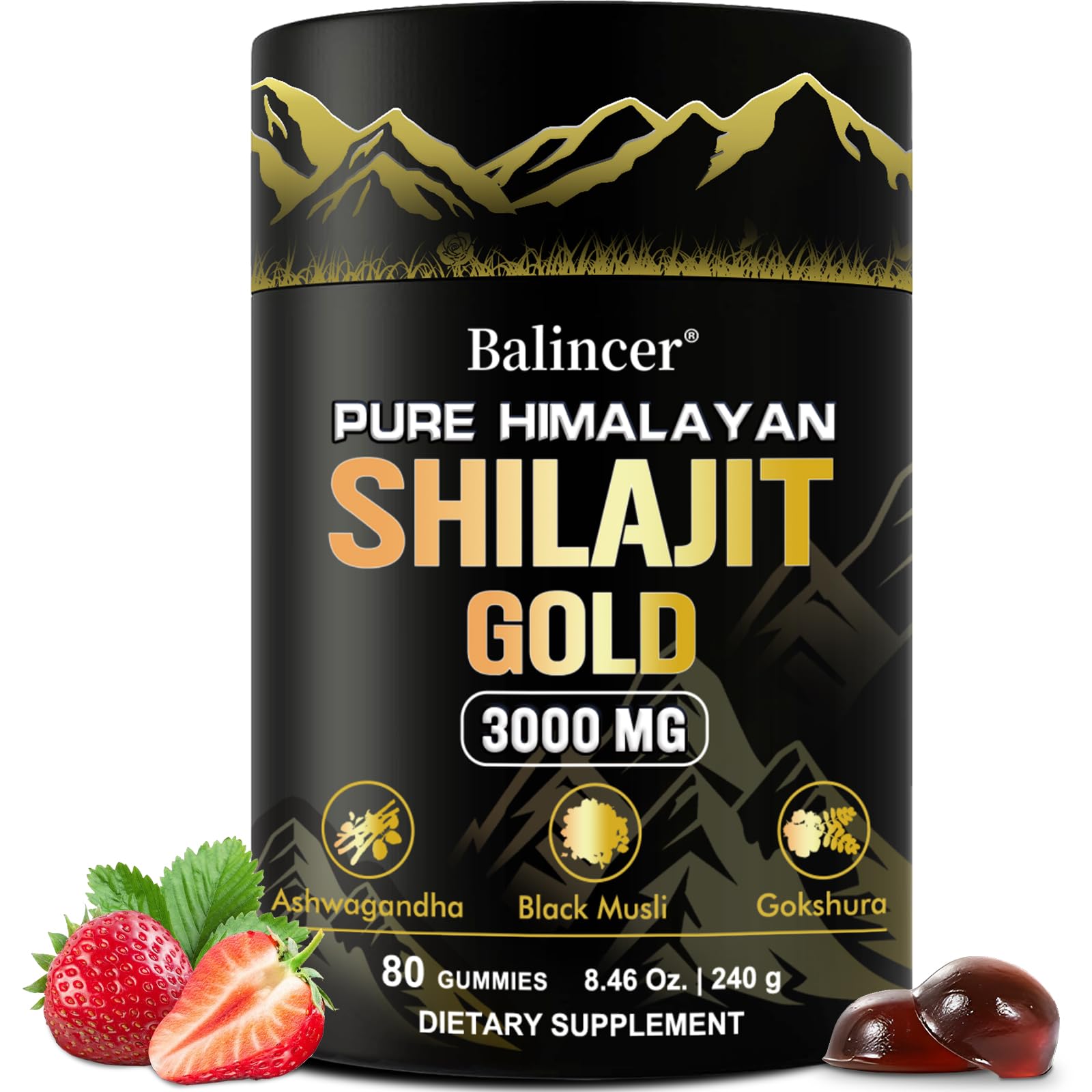 Balincer Pure Himalayan Shilajit Gummies jar with glossy strawberry flavor for daily energy