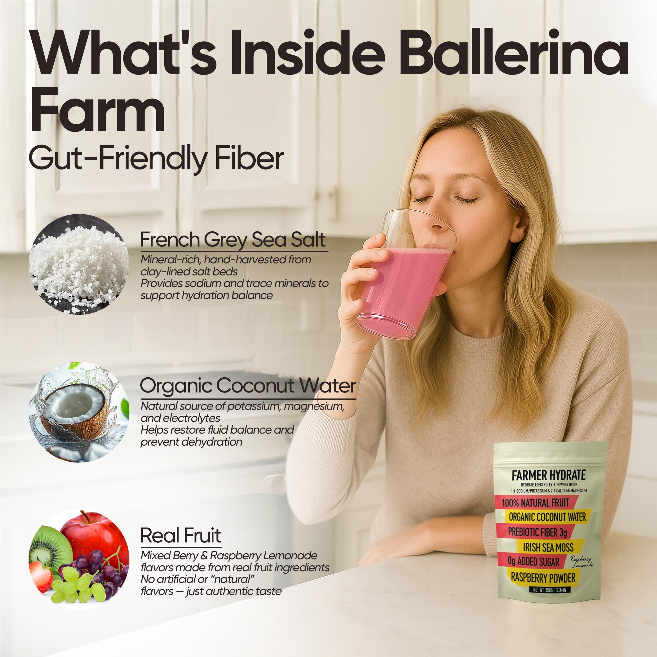 Ballerina Farm Hydrate powder featuring Irish sea moss for trace minerals.
