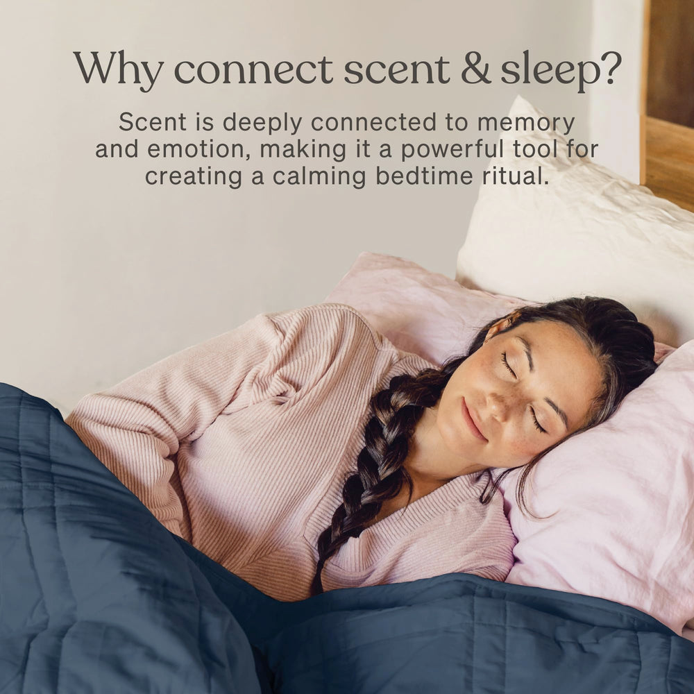 Baloo Pillow Mist bed linen usage shows spritzing bedding for a soothing night routine.